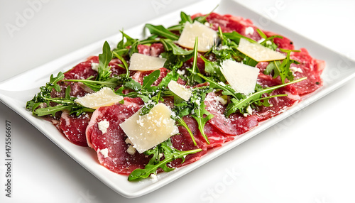 Obraz na płótnie Delicious beef carpaccio with arugula and cheese highlighted on white w salonie
