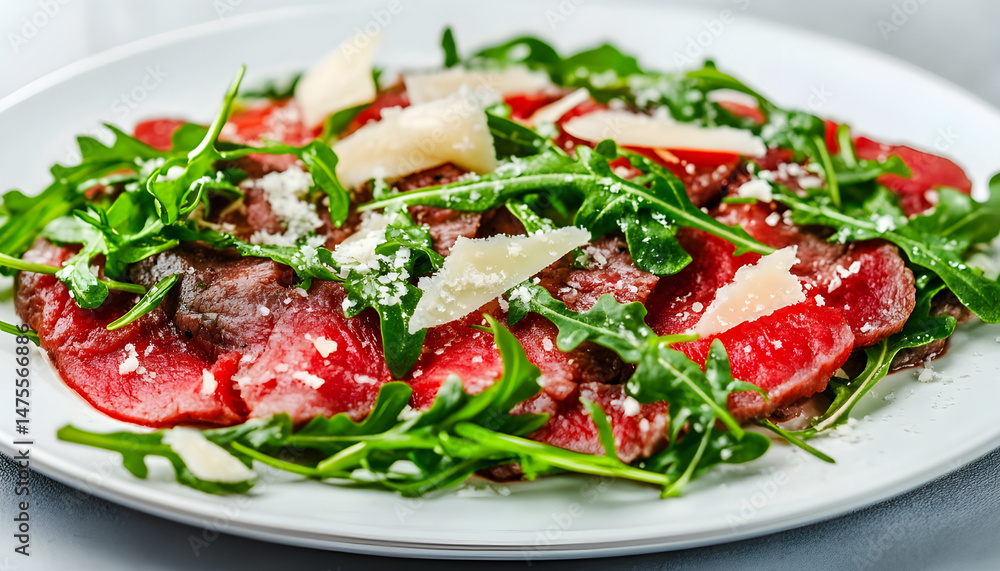 Delicious beef carpaccio with arugula and cheese highlighted on white