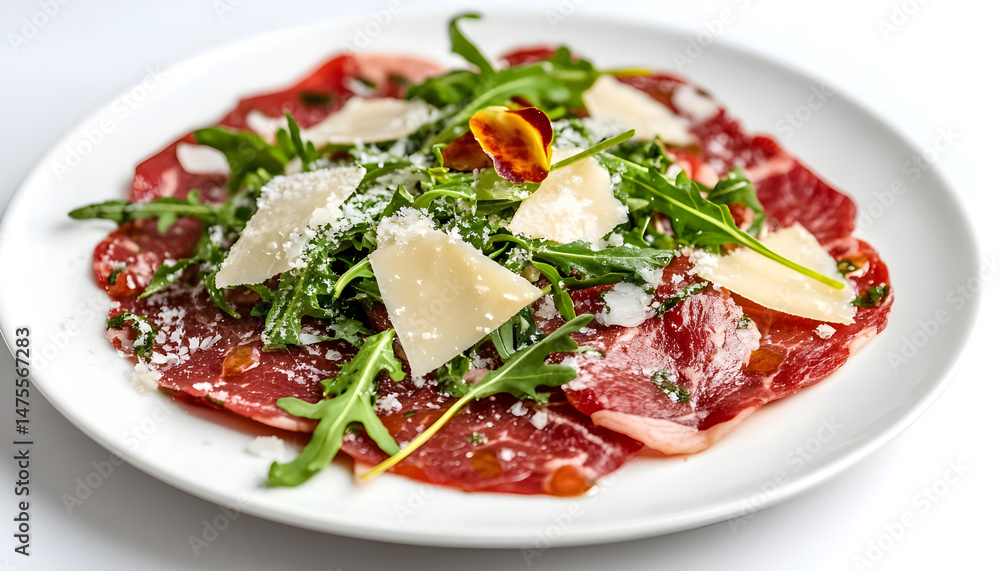 Delicious beef carpaccio with arugula and cheese highlighted on white
