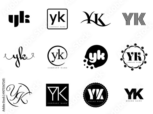 YK logo company template. Letter y and k logotype. Set different classic serif lettering and modern bold text with design elements. Initial font typography.