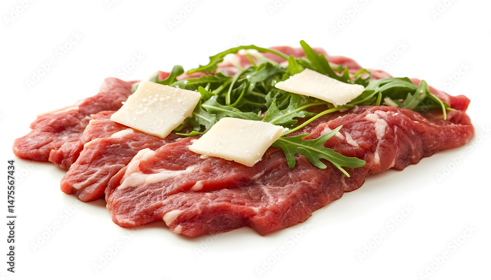 Delicious beef carpaccio with arugula and cheese highlighted on white