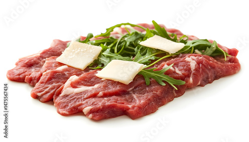 Delicious beef carpaccio with arugula and cheese highlighted on white