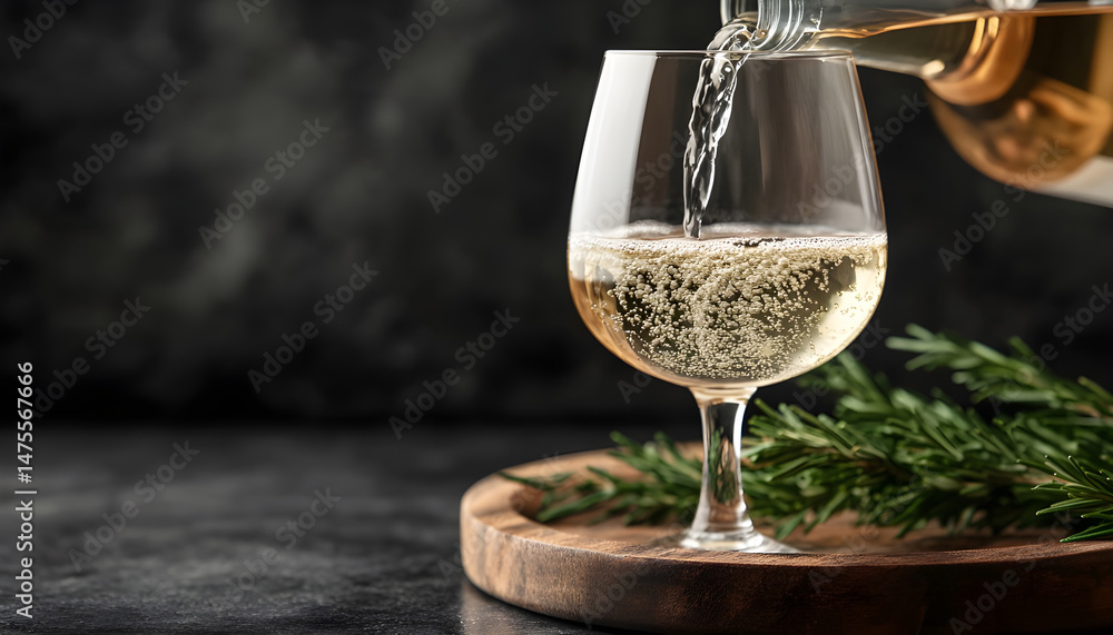 Pouring tasty aromatic wine in glass on dark background, closeup. Space for text
