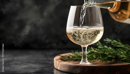 Obraz na płótnie Pouring tasty aromatic wine in glass on dark background, closeup. Space for text w salonie