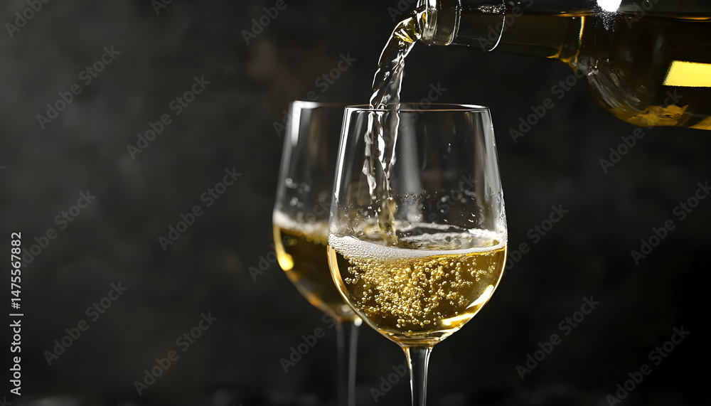 Pouring tasty aromatic wine in glass on dark background, closeup. Space for text