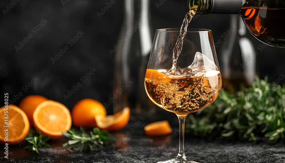 Pouring tasty aromatic wine in glass on dark background, closeup. Space for text