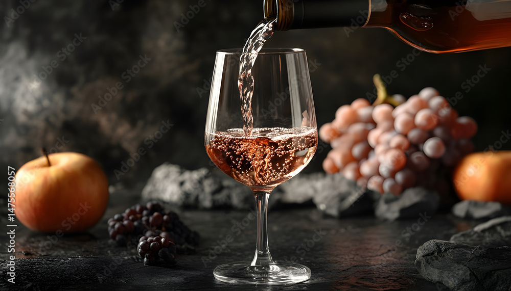 Pouring tasty aromatic wine in glass on dark background, closeup. Space for text