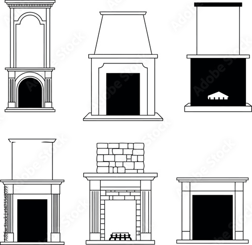 Fireplace vector set with classic and modern styles in black and white line art designs 