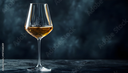 Pouring tasty aromatic wine in glass on dark background, closeup. Space for text
