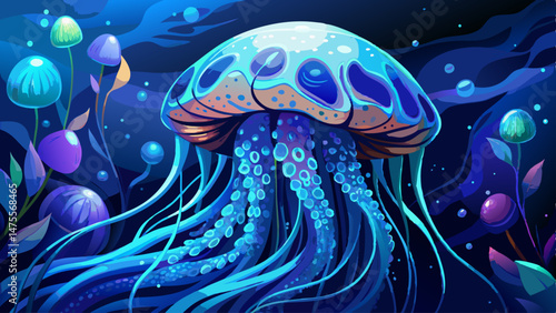 Stunning close-up of blue spotted jellyfish gracefully floating underwater, illuminated in vibrant hues against a dark background.