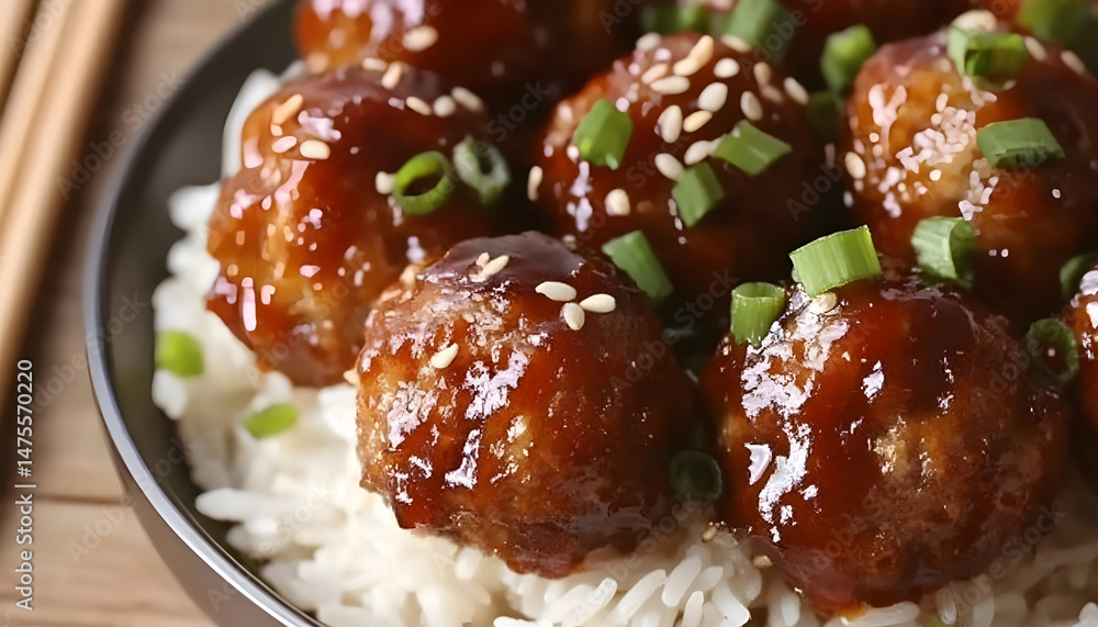 Tasty meatballs with sauce and rice on wooden table, closeup