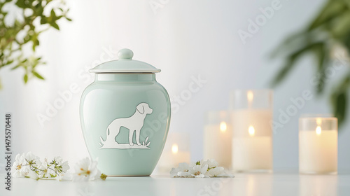 Light teal gray ceramic urn with animal design