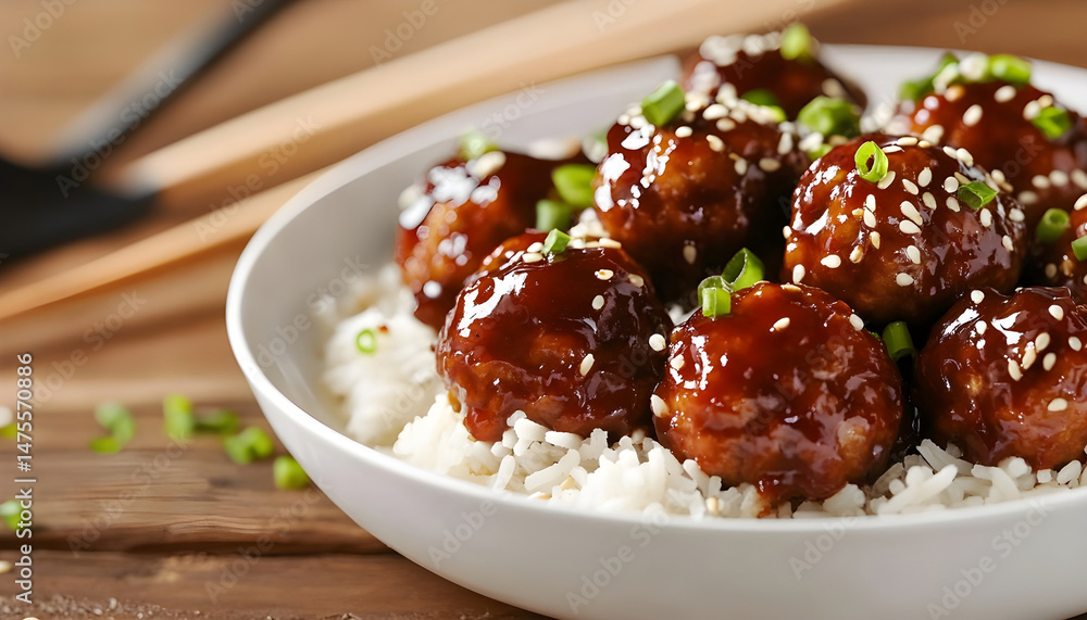 Tasty meatballs with sauce and rice on wooden table, closeup