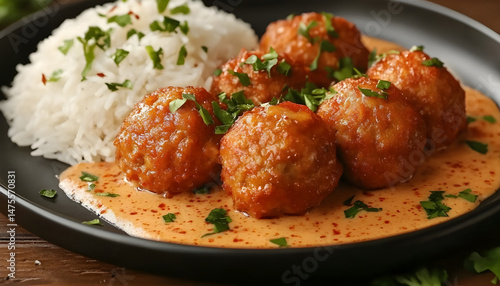 Tasty meatballs with sauce and rice on wooden table, closeup