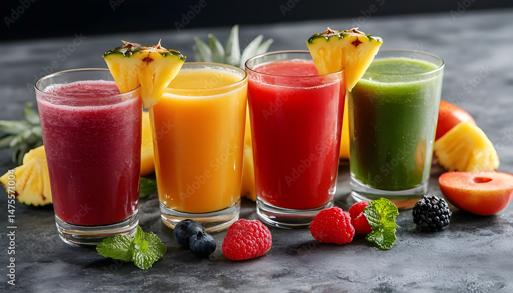 Tasty pineapple juice in glasses and fruits on grey textured table, closeup