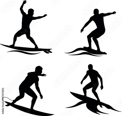 Surfer Silhouettes Surfing Waves Vector Illustration in Black and White Style 