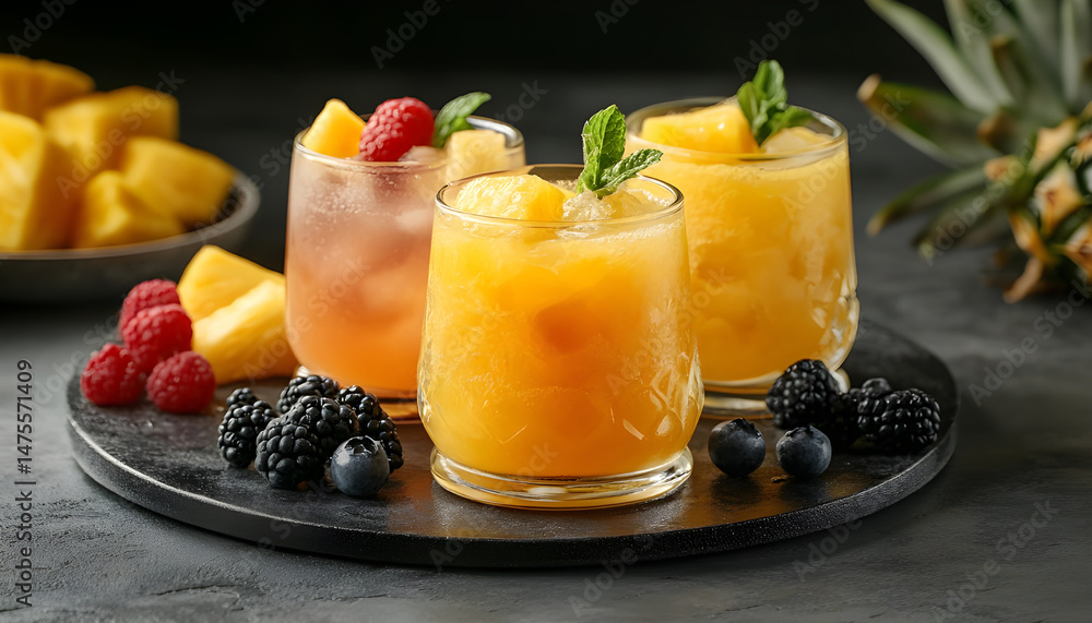 Tasty pineapple juice in glasses and fruits on grey textured table, closeup