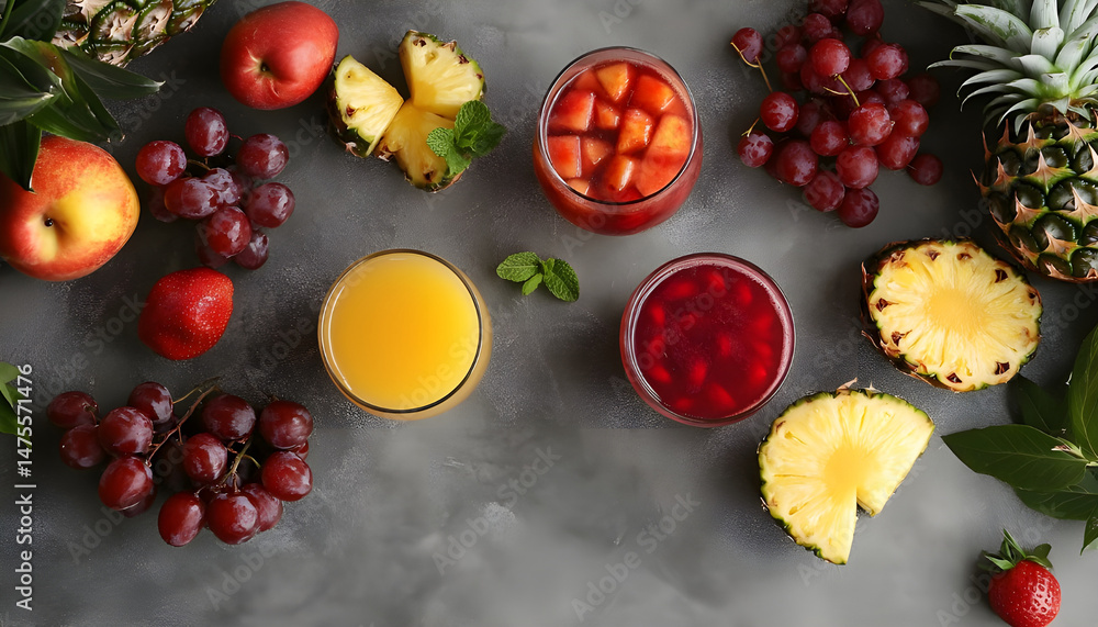 Tasty pineapple juice in glasses and fruits on grey textured table, closeup