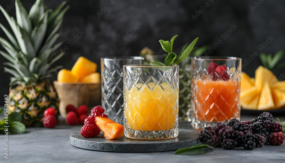 Tasty pineapple juice in glasses and fruits on grey textured table, closeup