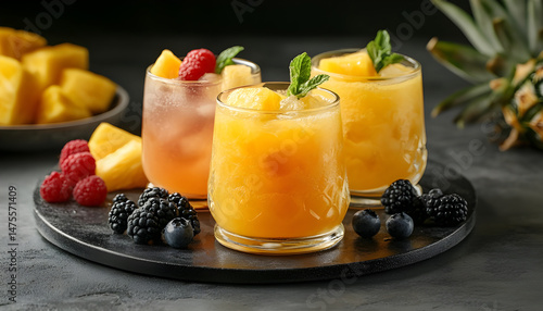 Obraz na płótnie Tasty pineapple juice in glasses and fruits on grey textured table, closeup w salonie