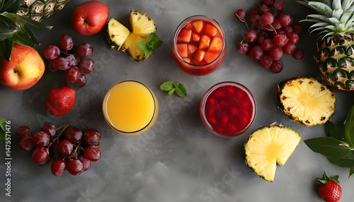 Obraz na płótnie Tasty pineapple juice in glasses and fruits on grey textured table, closeup w salonie