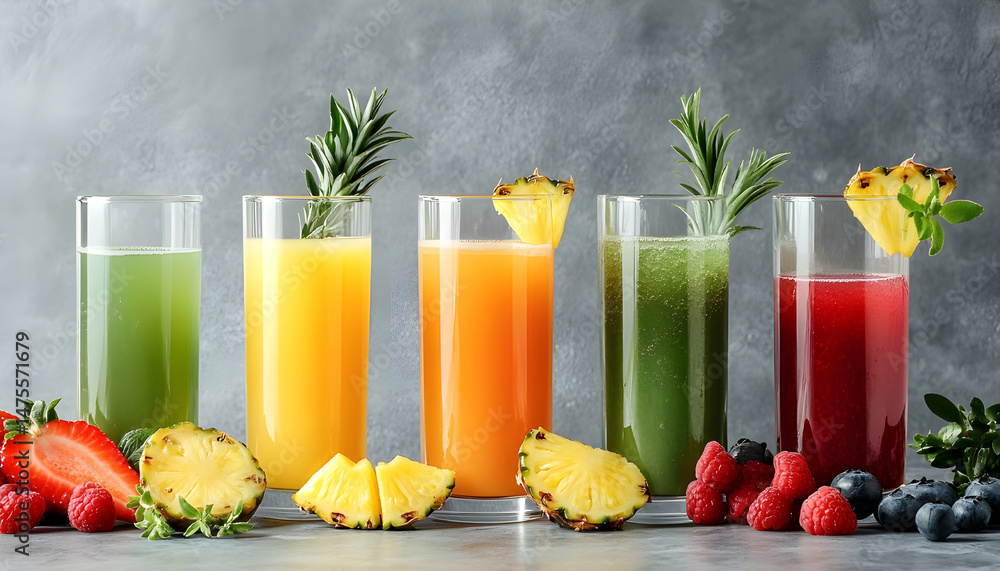 Tasty pineapple juice in glasses and fruits on grey textured table, closeup