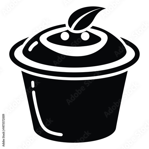 Black and white food cup features two white stripes with leaf topping