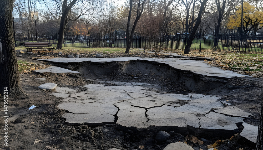 Photo of large cracks in a park sidewalk caused by an explosion.