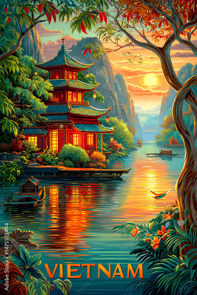 Obraz premium Traditional Vietnamese landscape with pagoda at sunset