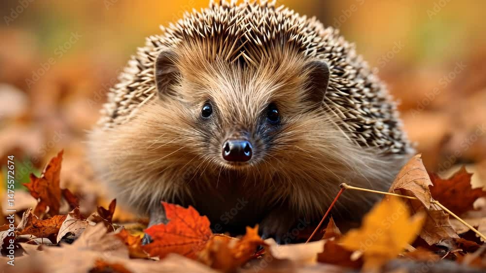 A hedgehog is standing on a pile of leaves. The leaves are orange and yellow, and the hedgehog is looking at the camera A hedgehog is standing on a pile of leaves. The leaves are orange and yellow, and the hedgehog is looking at the camera