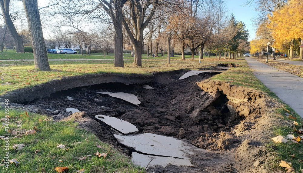 Photo of large cracks in a park sidewalk caused by an explosion.