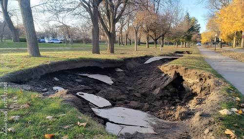 Obraz na płótnie Photo of large cracks in a park sidewalk caused by an explosion. w salonie