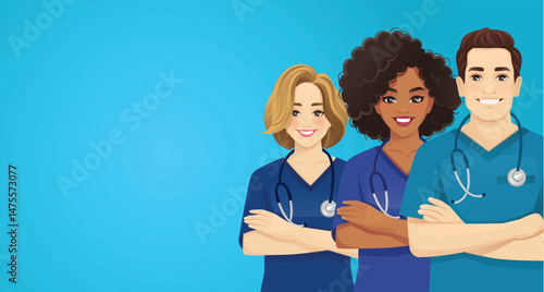 Smiling nurse or doctor team group with copy space. Vector illustration on blue background