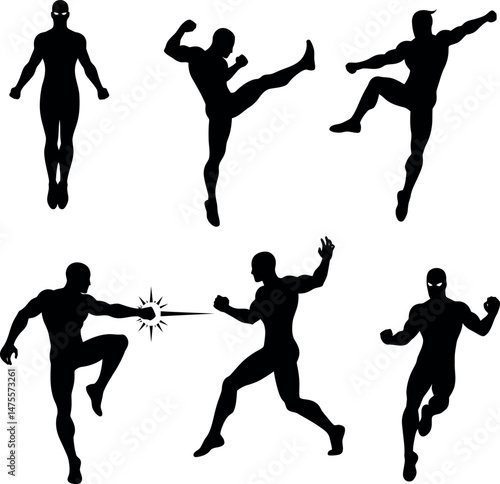 Silhouettes of Martial Arts Fighters in Dynamic Action Poses Vector Illustration 