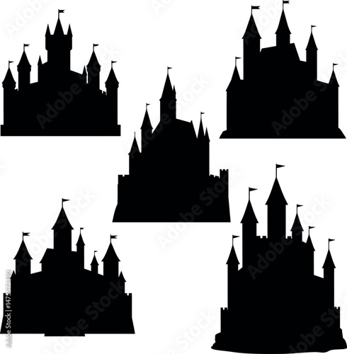 Castle silhouettes collection with multiple turrets and flags vector illustration set 