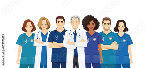 Portrait of smiling nurse and doctor team group with leader. Isolated vector illustration background