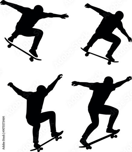 Skateboarder silhouette performing tricks in dynamic poses vector illustration 
