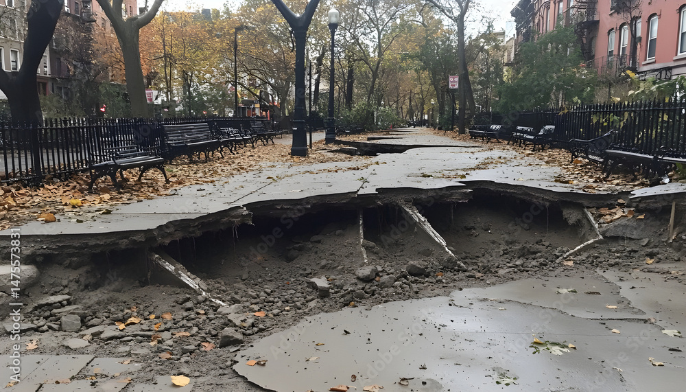 Photo of large cracks in a park sidewalk caused by an explosion.