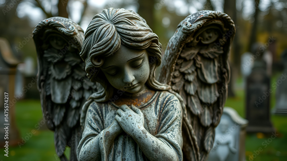 Obraz premium A sorrowful stone angel with weathered features standing in a serene cemetery