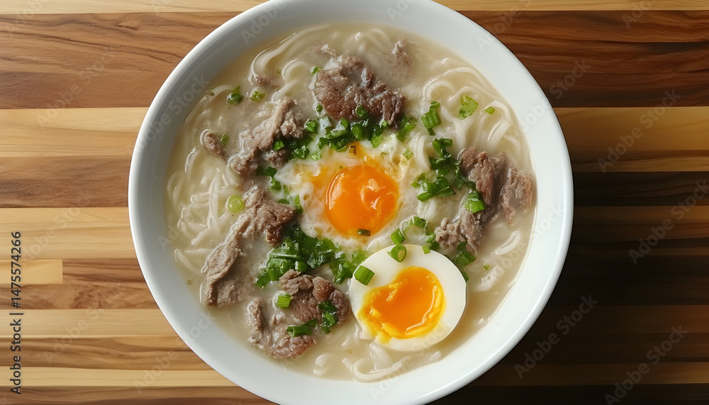 Bowl of delicious rice noodle soup with meat and egg on wooden table, flat lay. Space for text