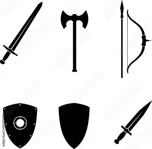 Medieval weapons and shield collection with sword axe bow and dagger vector illustration 