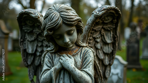 A sorrowful stone angel with weathered features standing in a serene cemetery