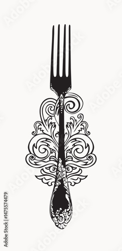 Vector food and drink menu cover for restaurant or cafe with realistic fork and vintage swirls. No AI used