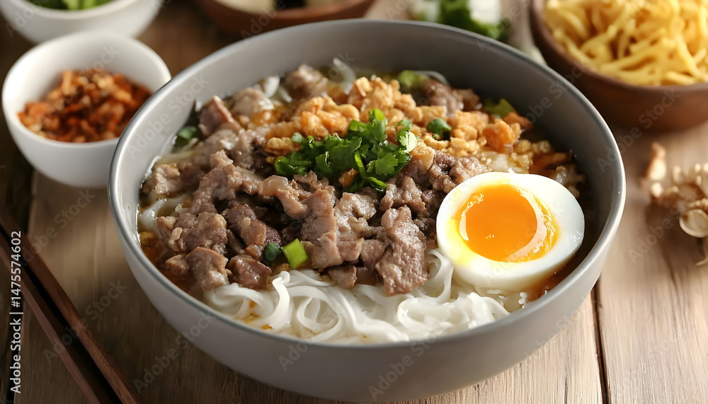 Bowl of delicious rice noodle soup with meat and egg on wooden table, flat lay. Space for text