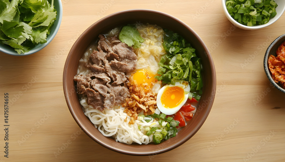 Bowl of delicious rice noodle soup with meat and egg on wooden table, flat lay. Space for text