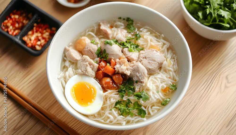 Bowl of delicious rice noodle soup with meat and egg on wooden table, flat lay. Space for text
