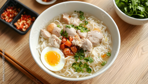 Bowl of delicious rice noodle soup with meat and egg on wooden table, flat lay. Space for text