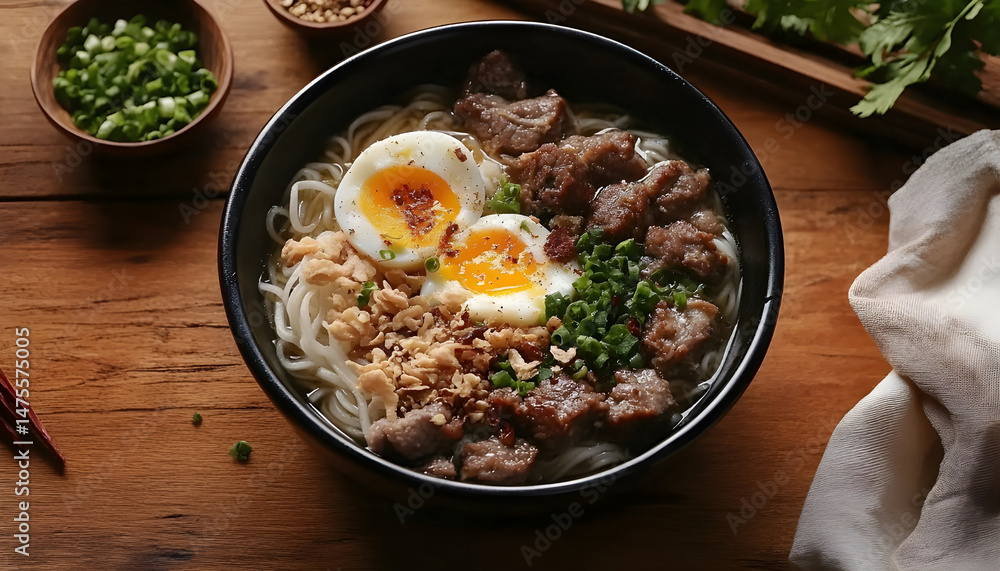 Bowl of delicious rice noodle soup with meat and egg on wooden table, flat lay. Space for text
