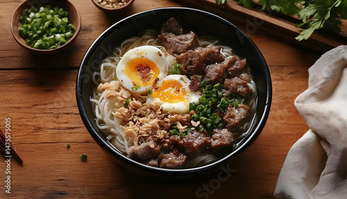 Obraz na płótnie Bowl of delicious rice noodle soup with meat and egg on wooden table, flat lay. Space for text w salonie