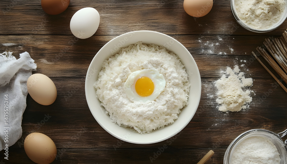 Bowl of delicious rice noodle soup with meat and egg on wooden table, flat lay. Space for text
